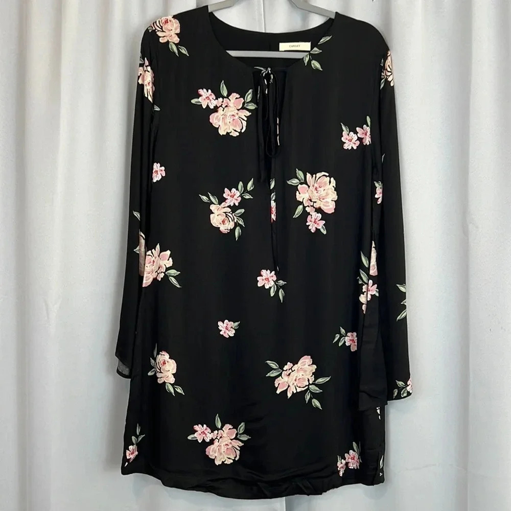 NWT Capulet Charlotte Black Midnight Rose Bell Sleeve Shift Dress Size L